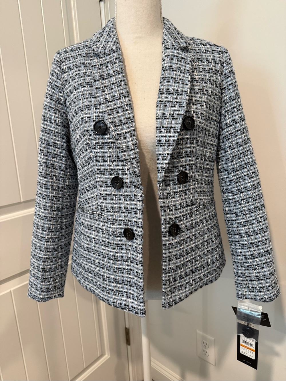 Jones New York Tweed Jacket - Petite Small Light Blue/Black NEW